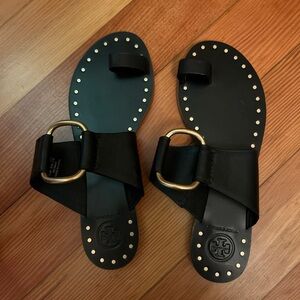Black gold studded flats with gold ring